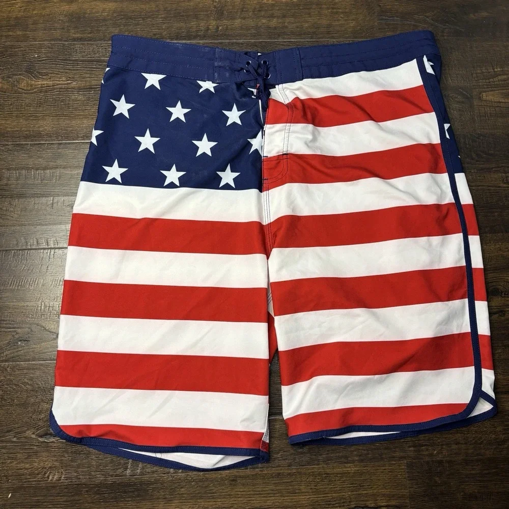 Old Navy California American Flag Board Shorts Mens Sz 38 Drawstring Swim Trunks
